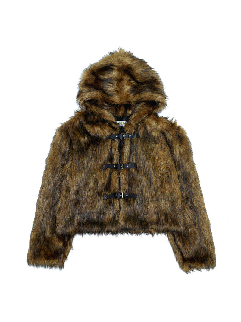 DEADENDKIDS NOMAD HOOD faux-fur coat — alternate modeled angle