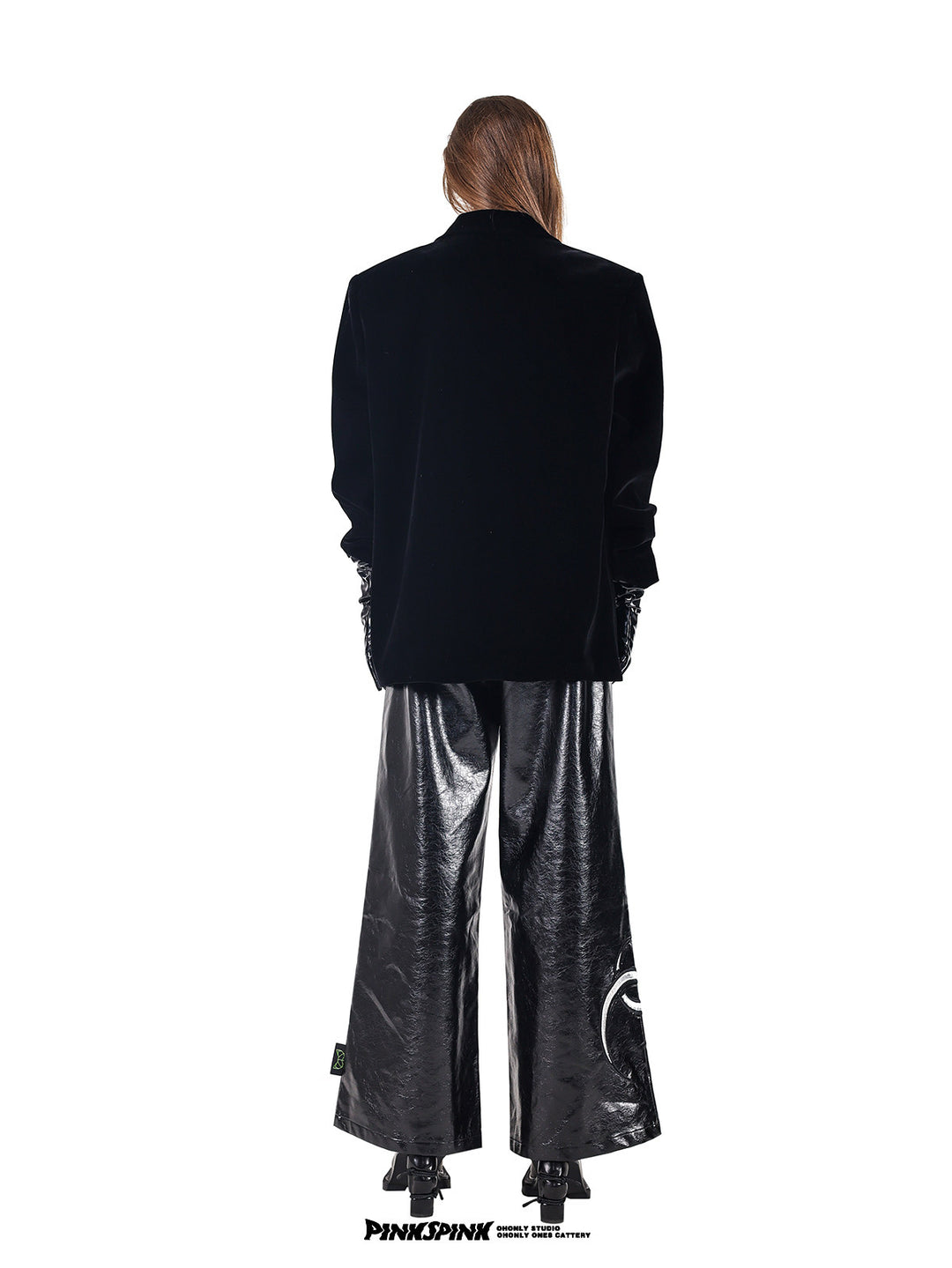 PINKSPINK DEAN pearl-chain velvet blazer — black full-length back view styled with wide-leg trousers