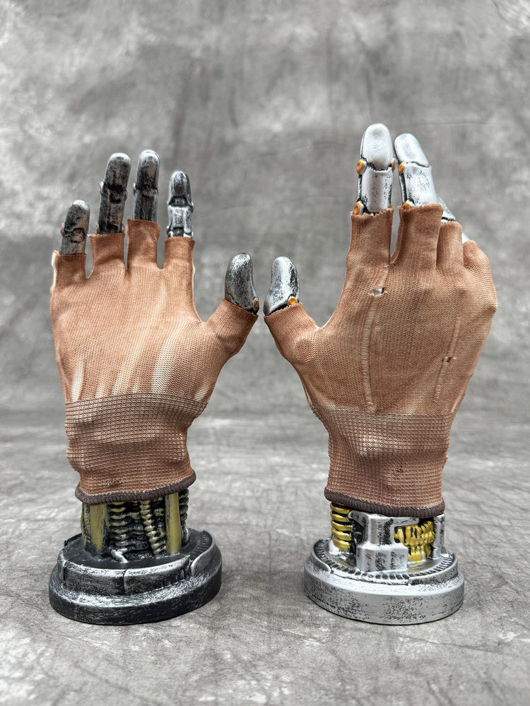 PRECISION CASTING distressed fingerless gloves in soft orange, NO GLUE — uncoated palm and distressed back views on display hands