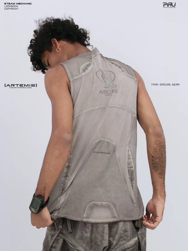 AEGIS lunar sea gray distressed mesh tank — rear three-quarter modeled view looking down