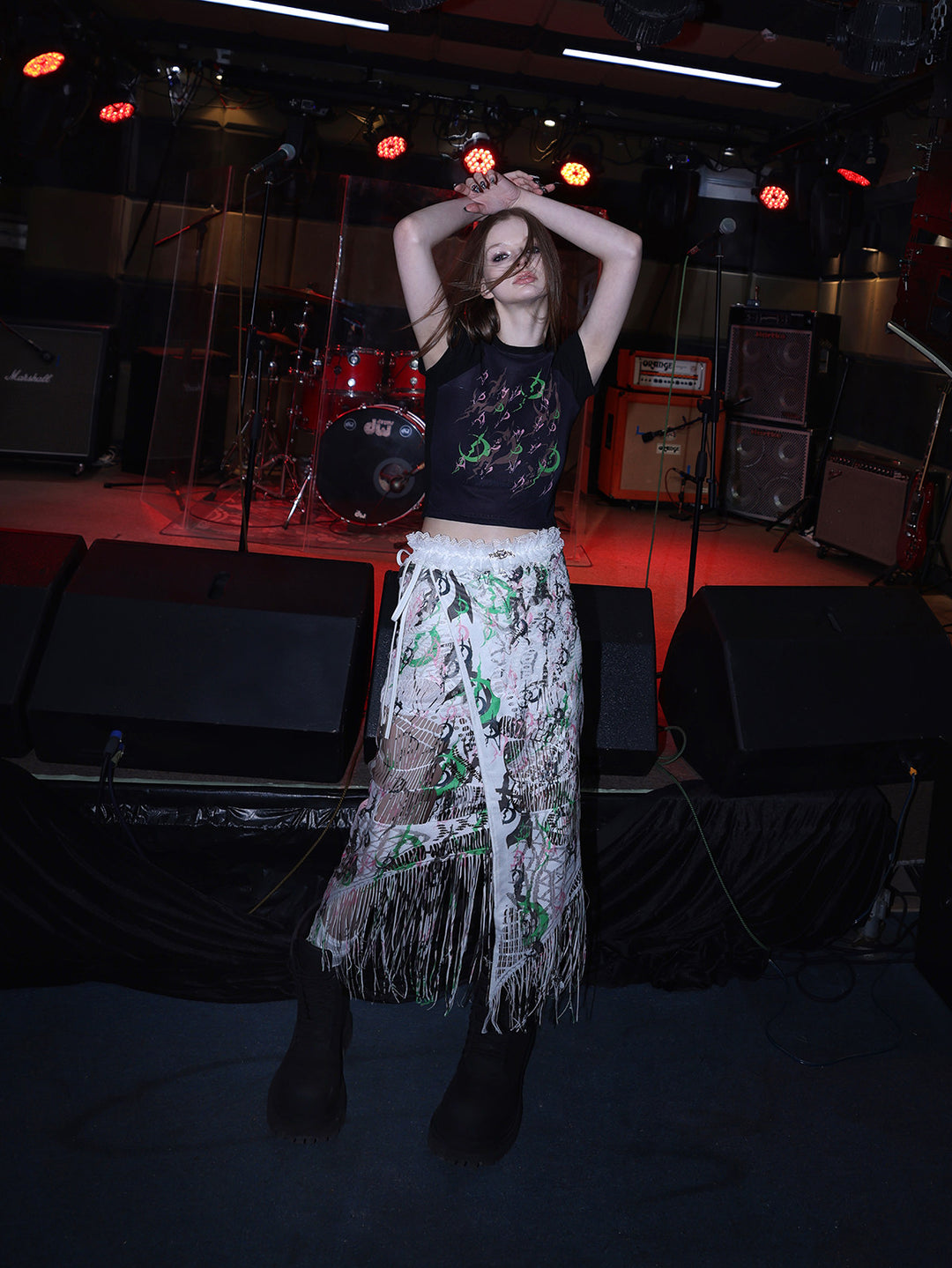 PINKSPINK SHRED SIGNAL printed fringe layering apron — white multicolor — wider front modeled view with arms raised