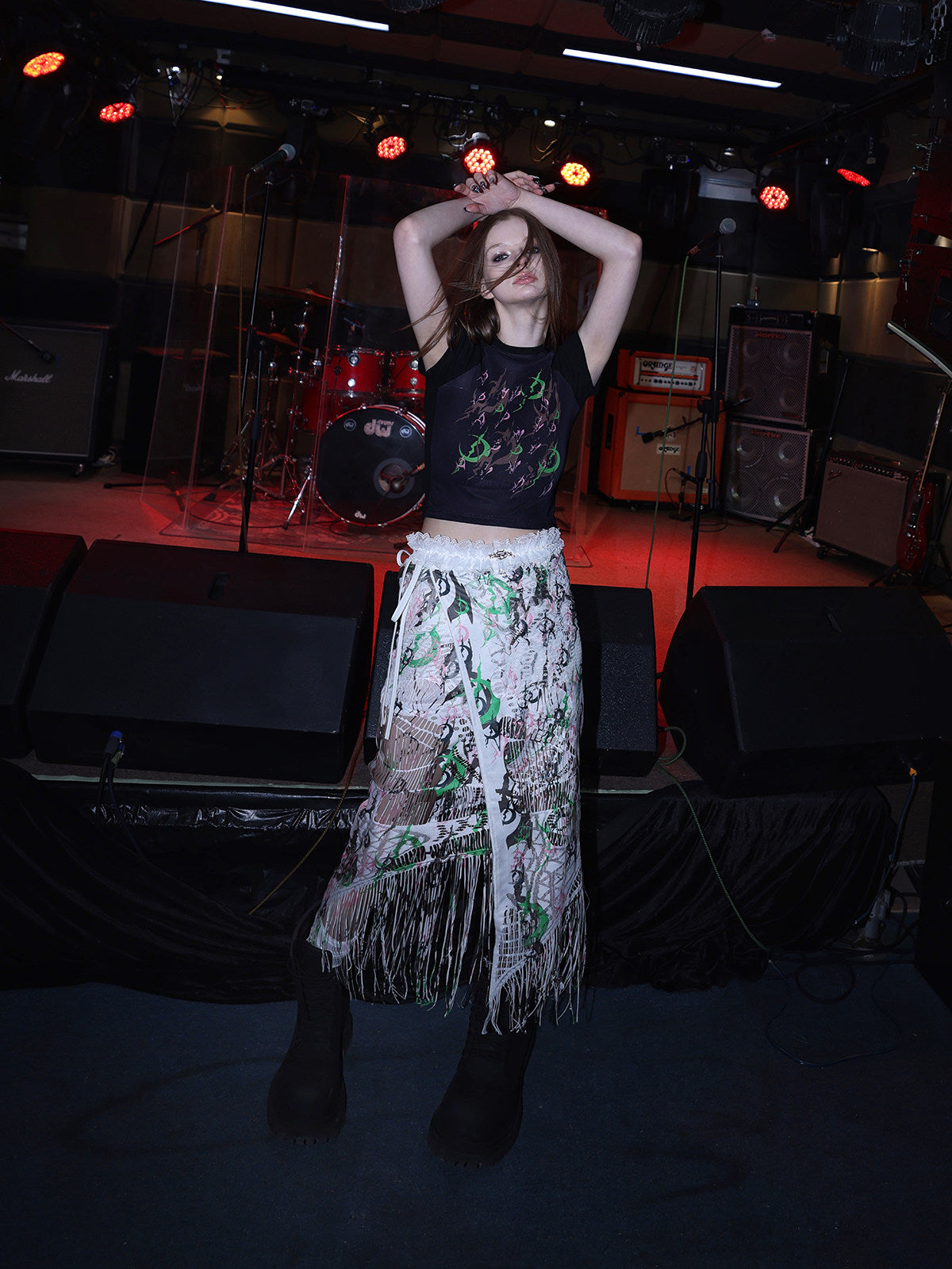 PINKSPINK SHRED SIGNAL printed fringe layering apron — white multicolor — wider front modeled view with arms raised