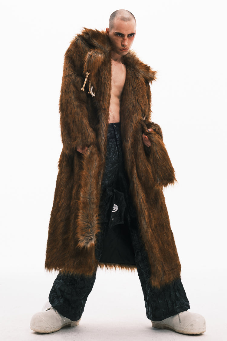 EMBRYO PRIMAL BONE extra-long faux-fur coat — close modeled view