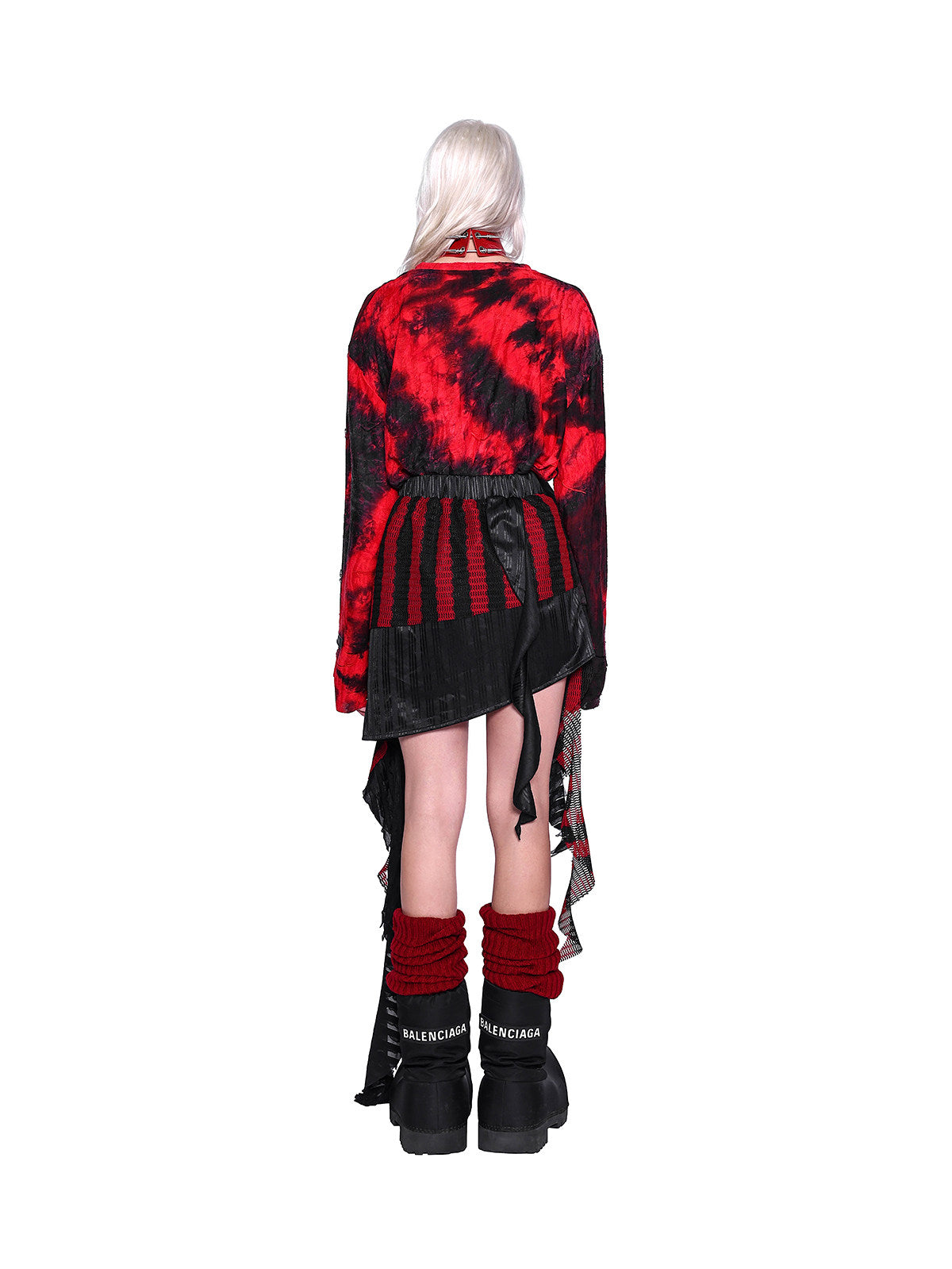 PINKSPINK ELECTRIC MOON layered striped mesh mini skirt — black and red — full-length back view showing trailing mesh
