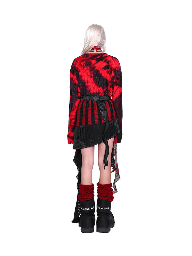 PINKSPINK ELECTRIC MOON layered striped mesh mini skirt — black and red — full-length back view showing trailing mesh