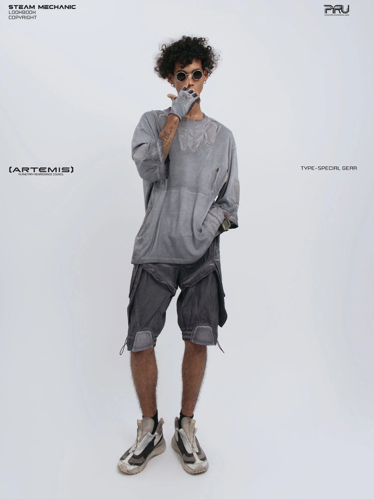 STARCORE stellar blue distressed mesh tee — full-length front view with one hand raised to the face