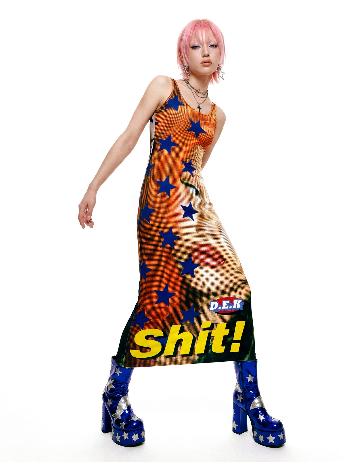 DEADENDKIDS SHIT STAR fitted tank maxi dress — full-length modeled view