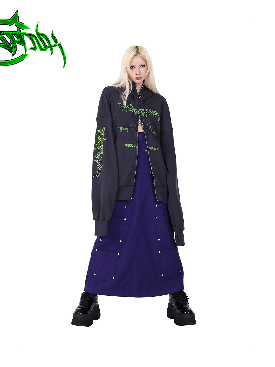PINKSPINK DNA circle-star balaclava zip hoodie — front full-length modeled view styled with a purple denim skirt