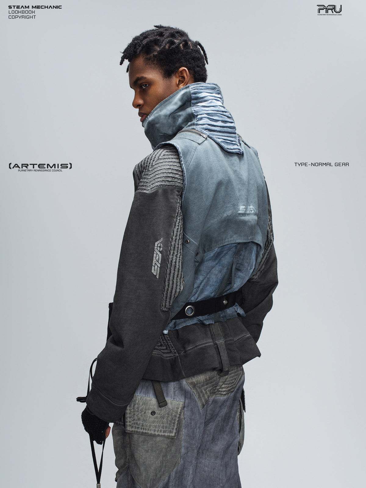 PIONEER moon dust gray distressed protection zip jacket — full-length styled view