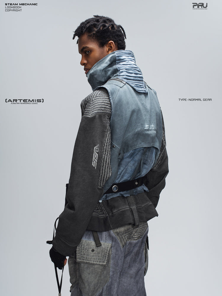 PIONEER moon dust gray distressed protection zip jacket — full-length styled view