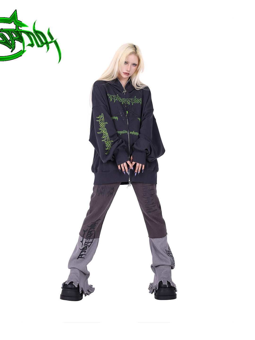 PINKSPINK DNA circle-star balaclava zip hoodie — front full-length modeled view with hands at the cuffs
