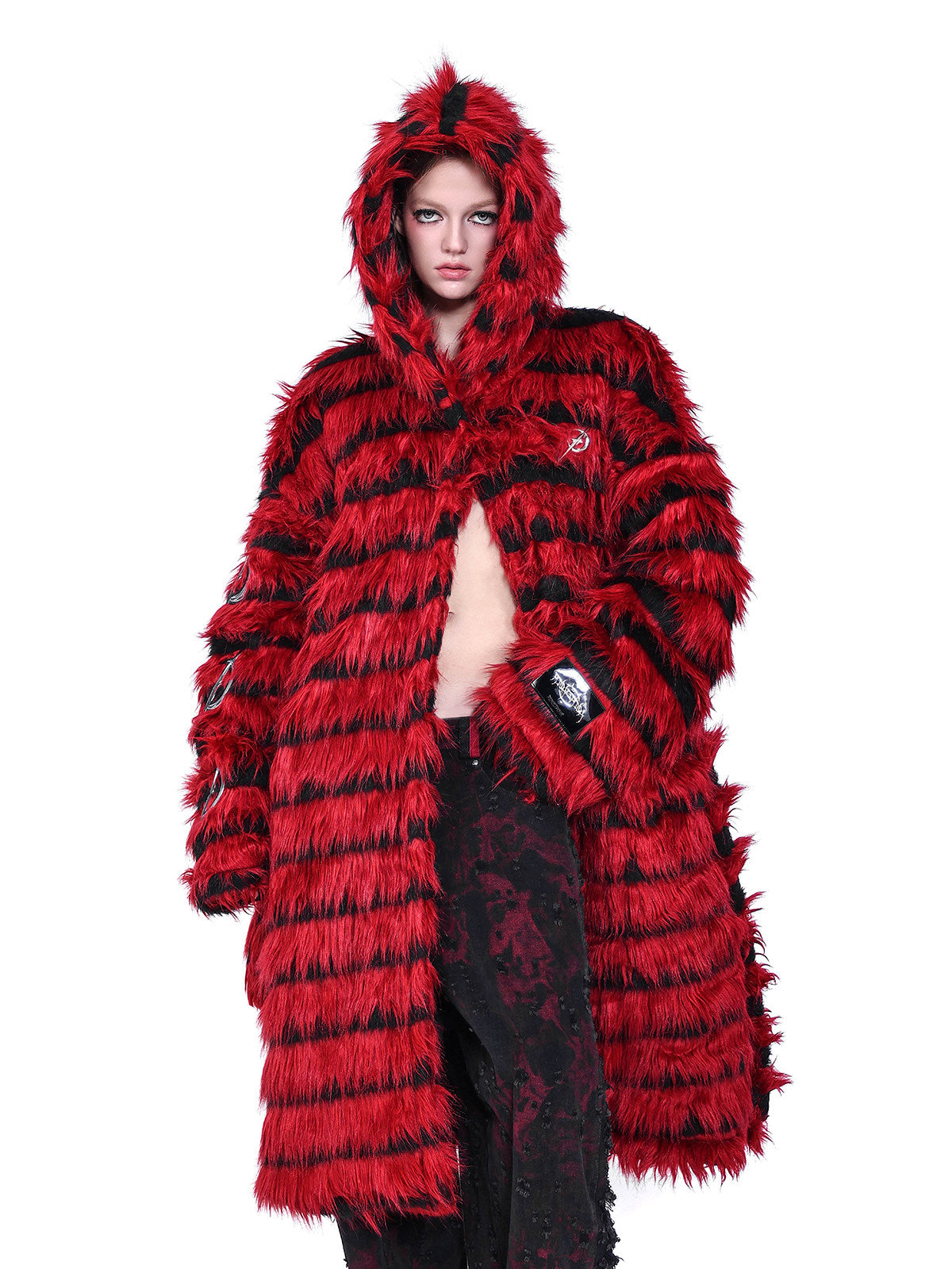 PINKSPINK ELECTRIC MOON black-red faux-fur hooded long coat — red and black full-length front modeled view with the hood raised