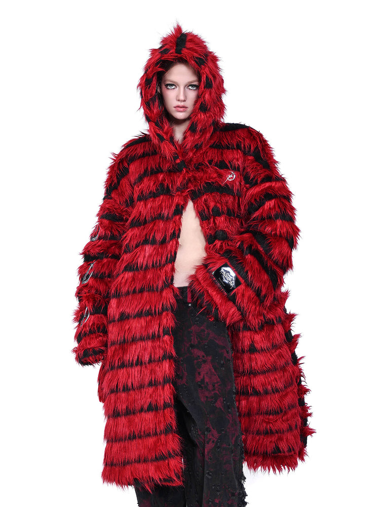 PINKSPINK ELECTRIC MOON black-red faux-fur hooded long coat — red and black full-length front modeled view with the hood raised