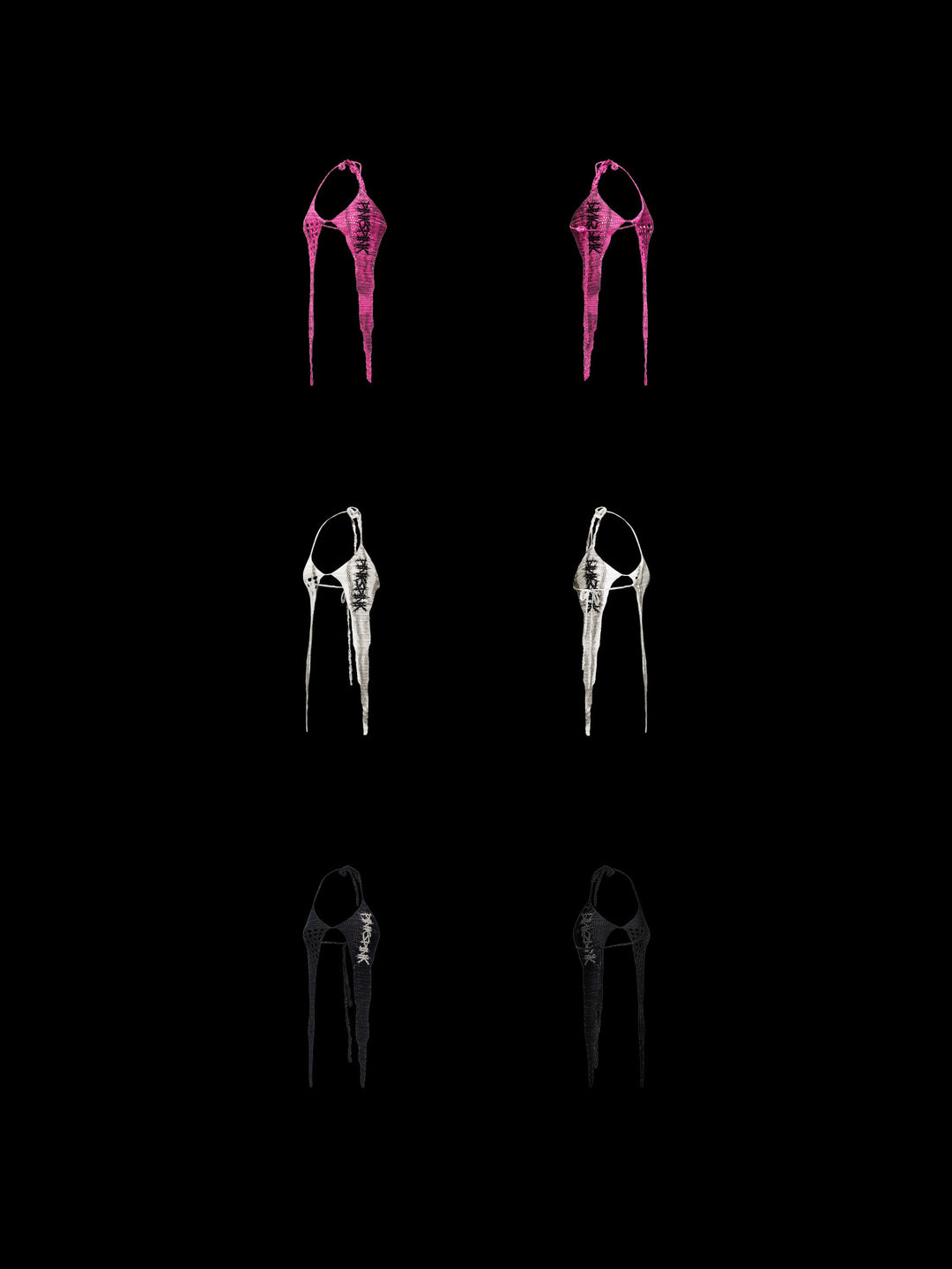 PINKSPINK THORNSTAR open-knit halter top in hot pink, ivory white and black — garment-only front and back comparison on a black background
