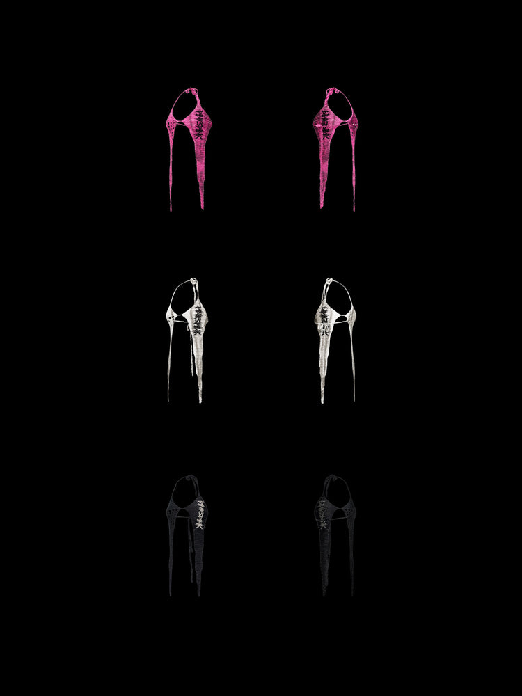PINKSPINK THORNSTAR open-knit halter top in hot pink, ivory white and black — garment-only front and back comparison on a black background