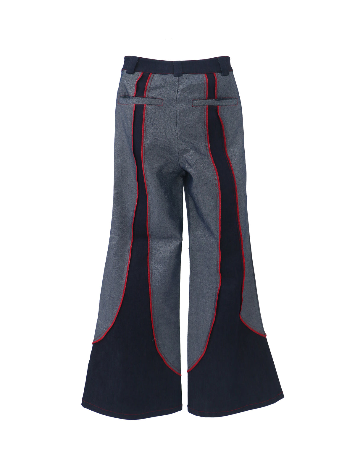 EMBRYO STARSHIFT patchwork flare jeans — rear modeled view