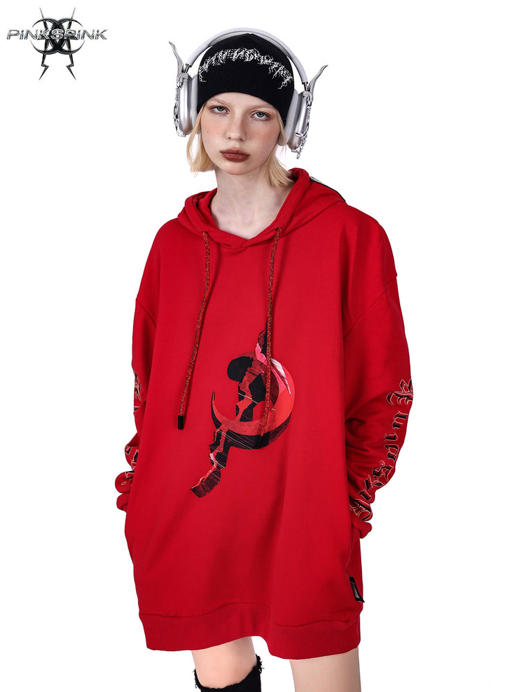 PINKSPINK MIRROR rhinestone-drawcord oversized hoodie — front modeled view in red corresponding to the hero photograph