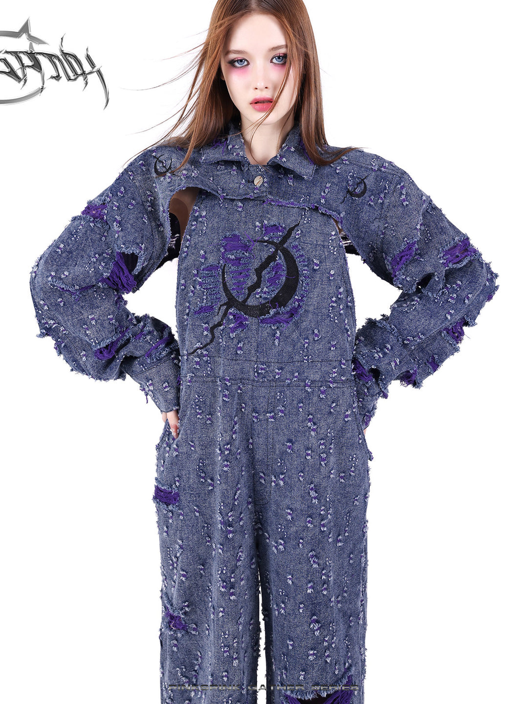 PINKSPINK BROKEN VIOLET distressed denim overalls — alternate angle showing the shape and finish