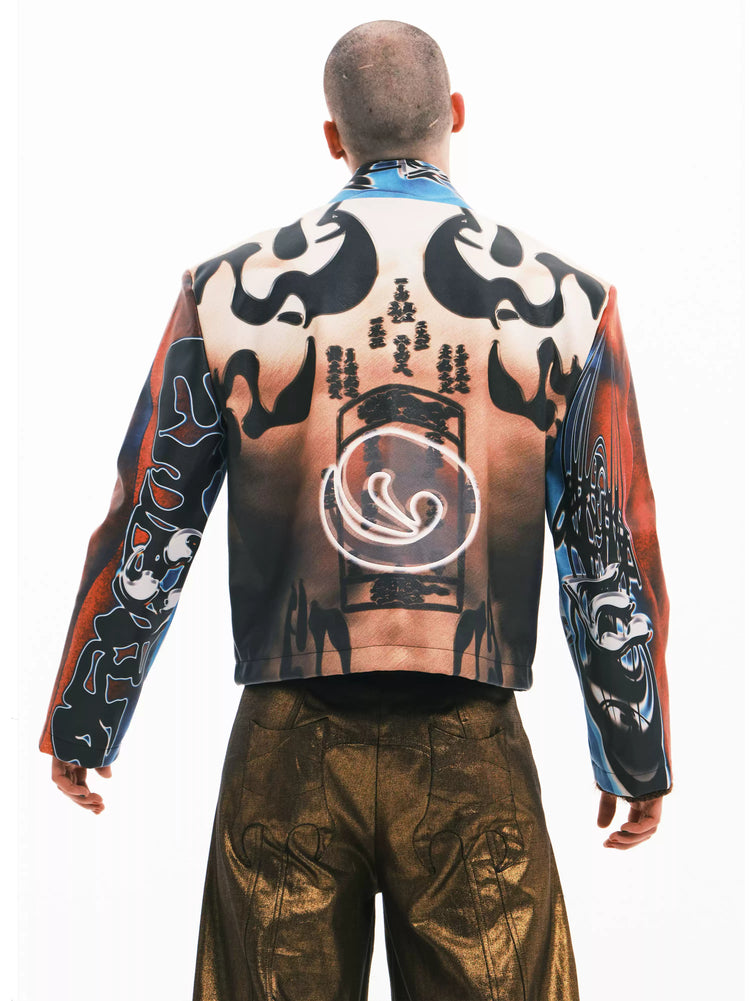 EMBRYO POWER TOTEM muscle-print PU leather jacket — back modeled view