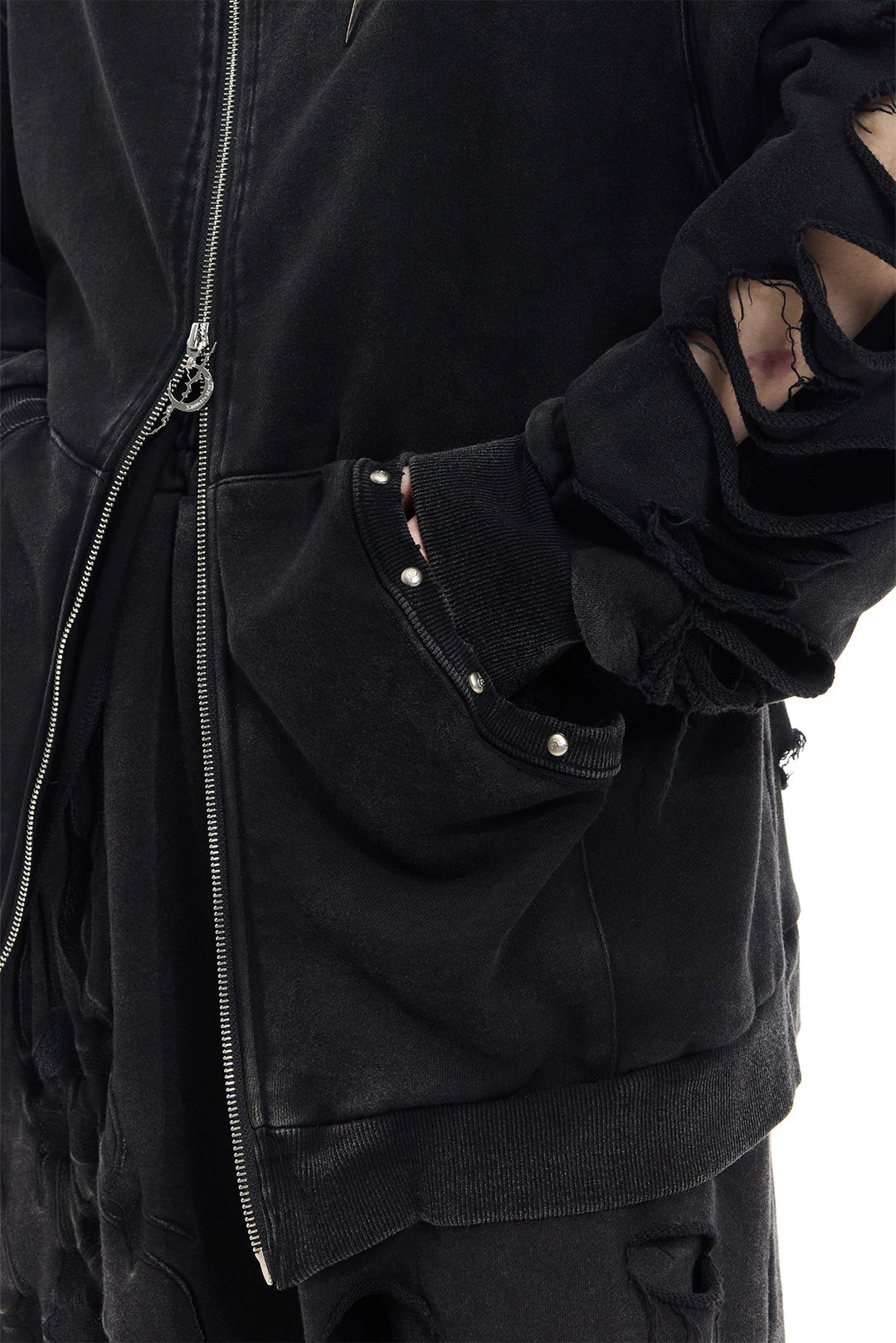 PINKSPINK REMAKE studded distressed zip-up hoodie — catalog view showing the design and silhouette
