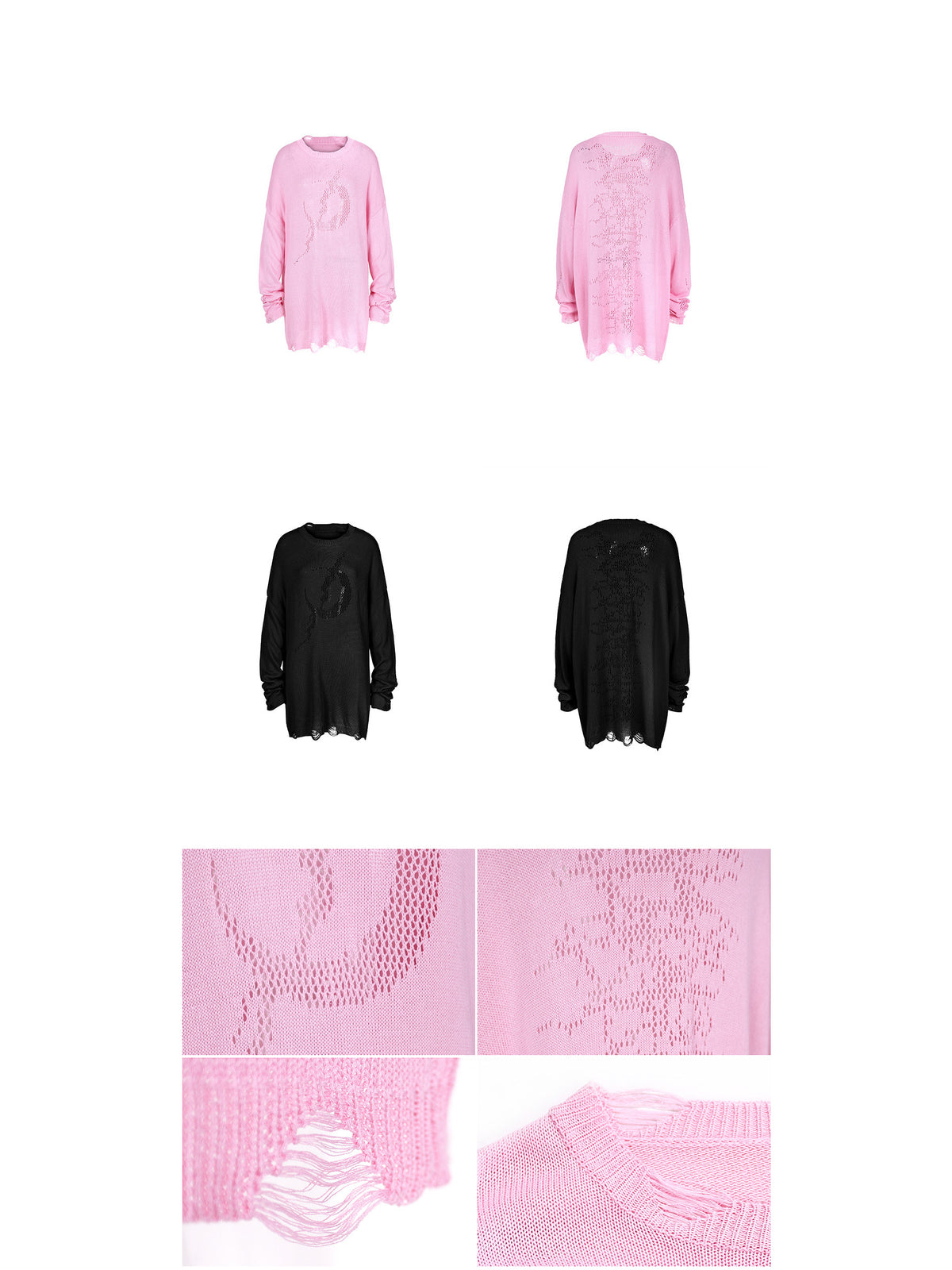 PINKSPINK ELECTRIC MOON distressed open-knit sweater in pink and black — garment-only front and back comparison with knit and distressed-edge details