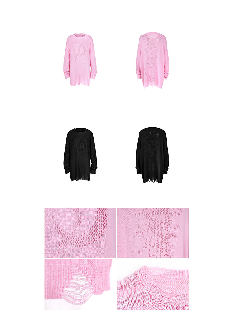 PINKSPINK ELECTRIC MOON distressed open-knit sweater in pink and black — garment-only front and back comparison with knit and distressed-edge details