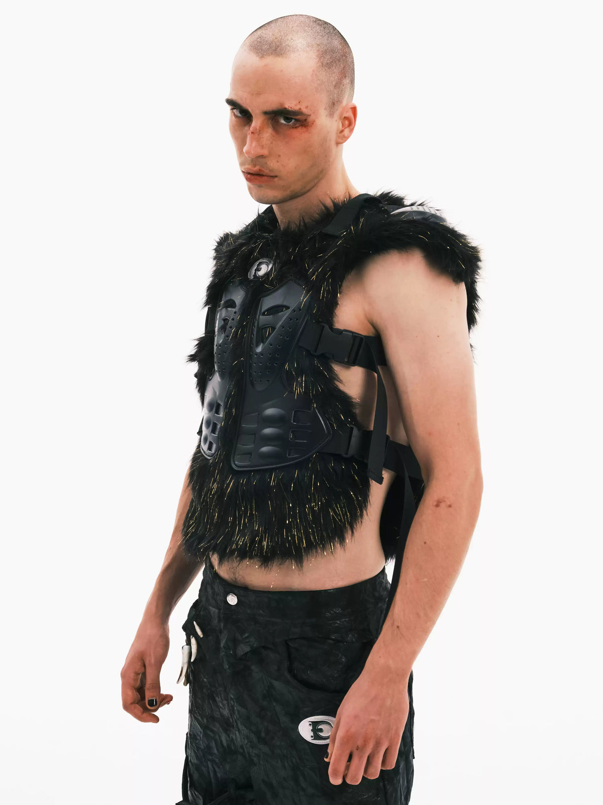 EMBRYO GOLD MECHA long-pile armored vest — alternate front modeled view