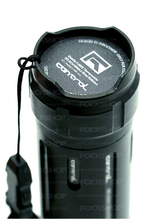 FOCKSHOP SHENGUANG zoom flashlight — close-up of the branded rear cap and attached wrist strap on white background