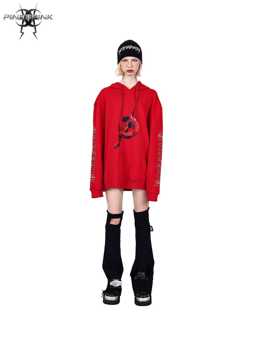 PINKSPINK MIRROR rhinestone-drawcord oversized hoodie — front full-length modeled view in red
