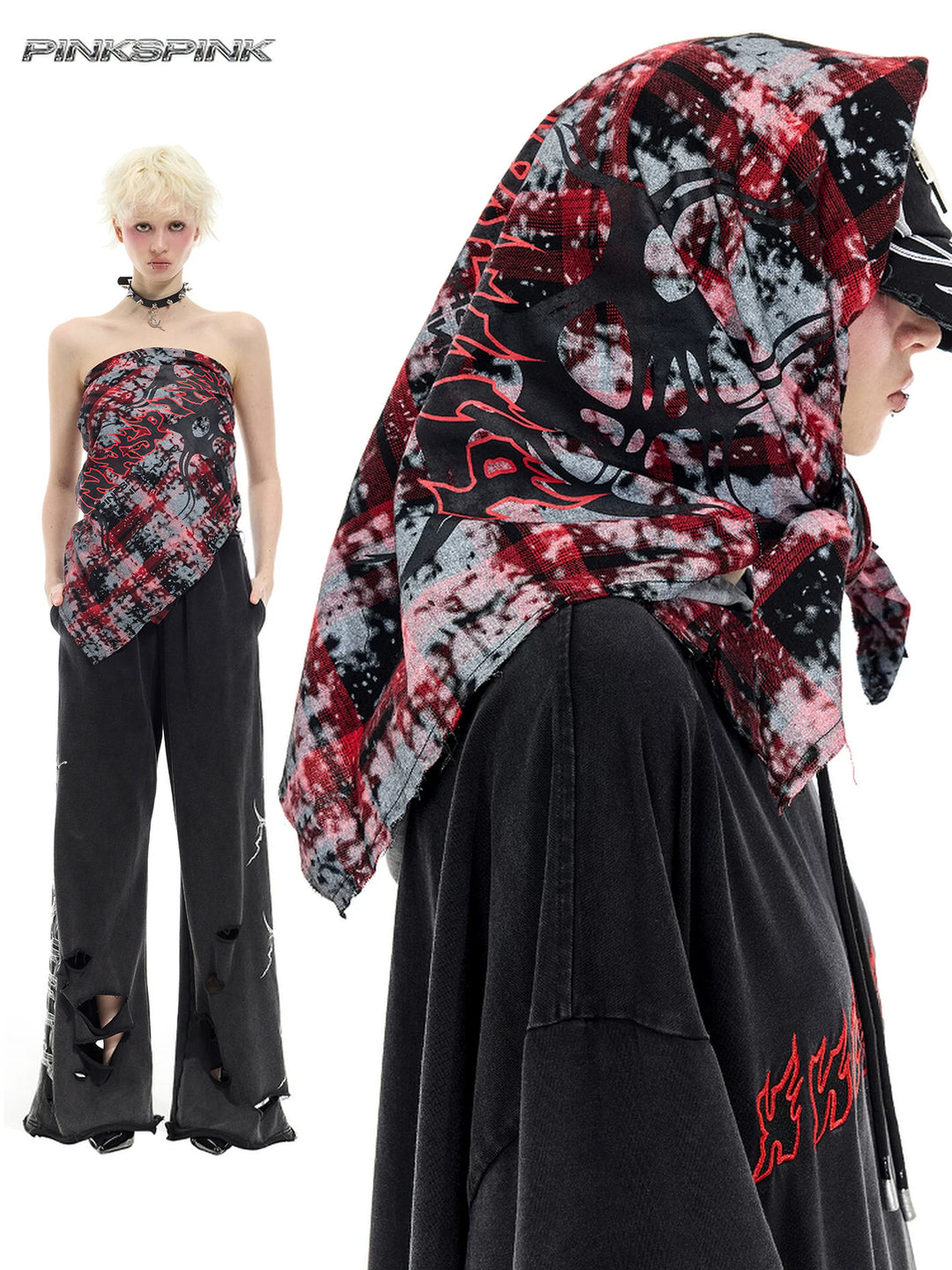 PINKSPINK REMAKE red-plaid bandana top / headscarf — cleaned hero collage showing the complete design