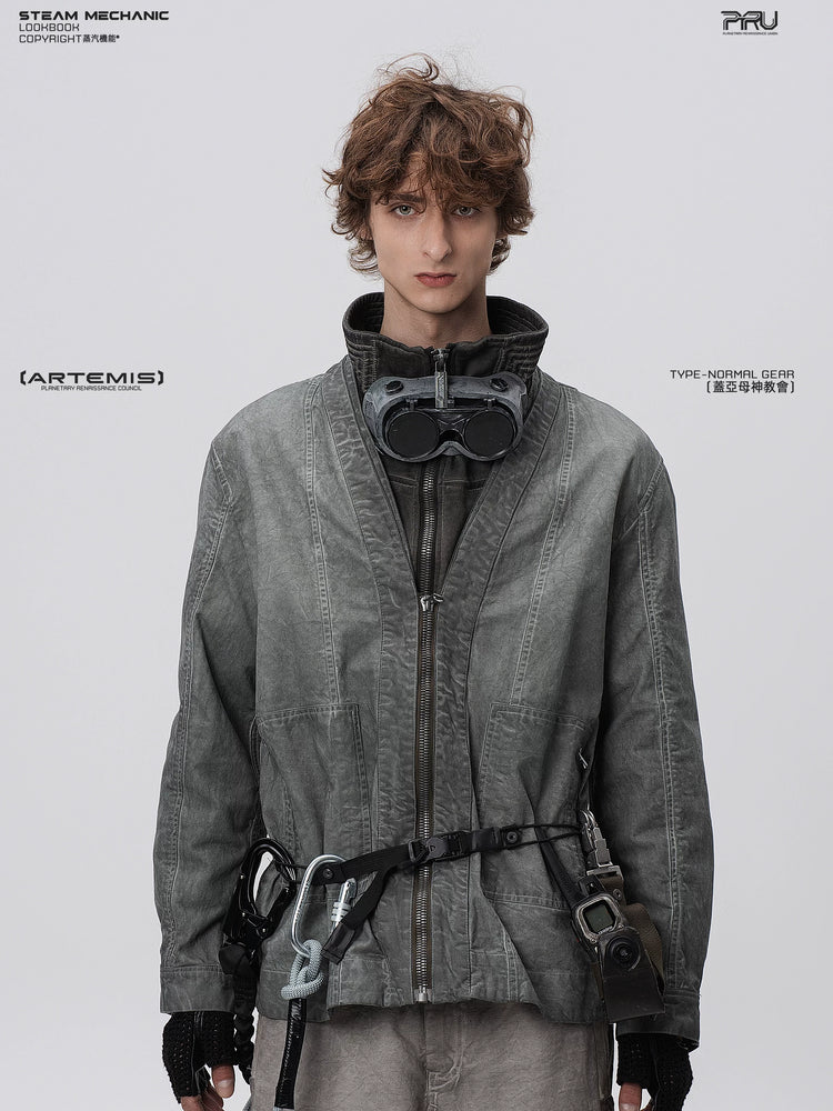 GAIA meteor gray open-collar technical robe — front modeled product view
