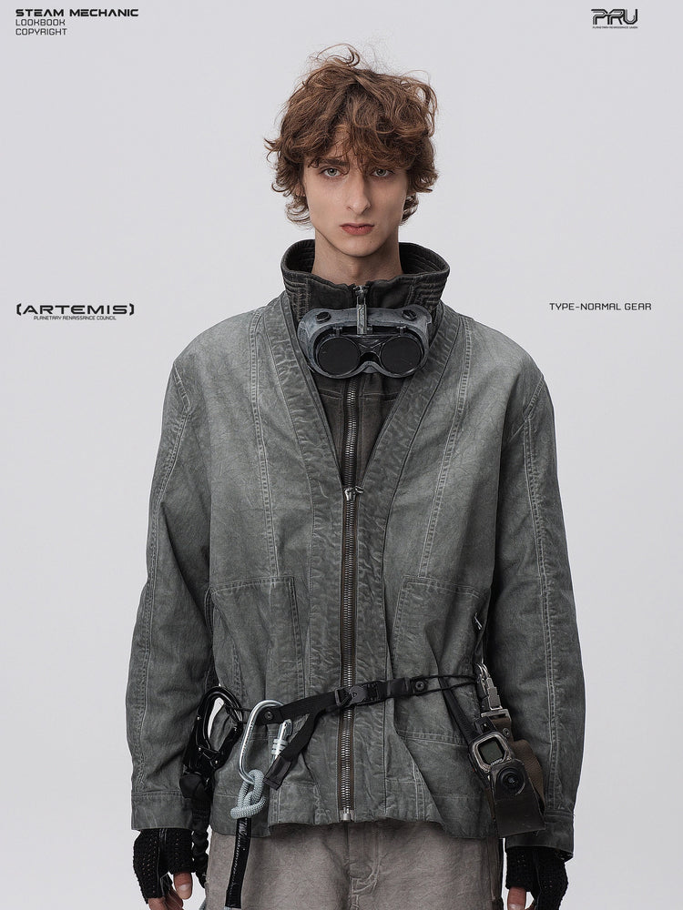 GAIA meteor gray open-collar technical robe — front modeled view showing the open neckline and washed finish