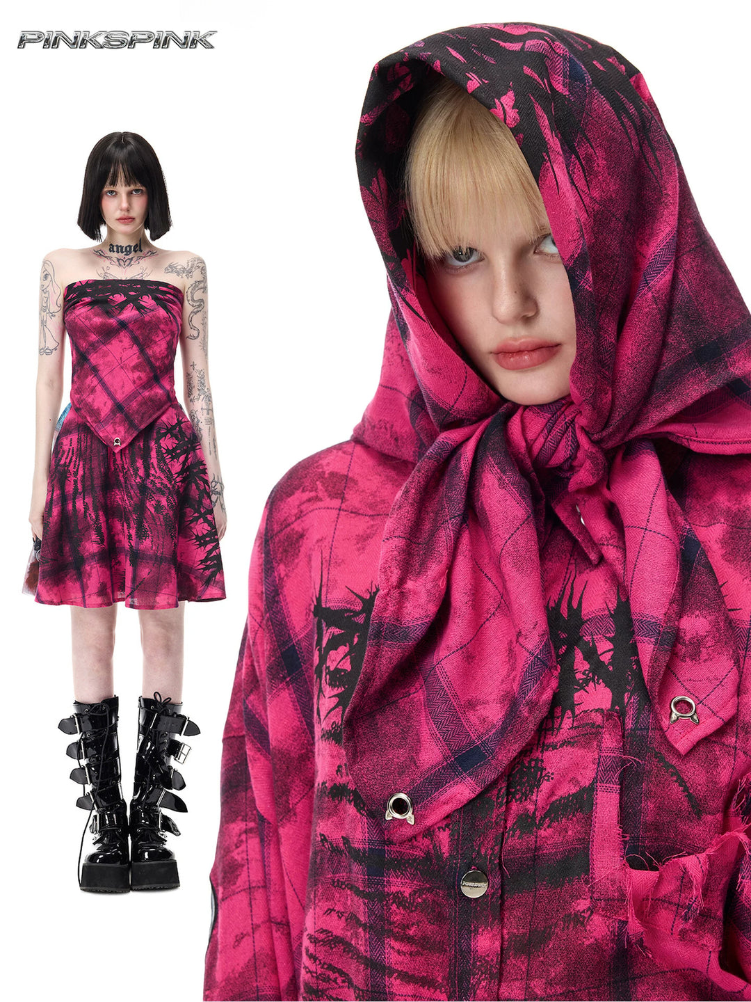 PINKSPINK THORN bandana bandeau top in pink and black — collage showing bandeau and headscarf styling