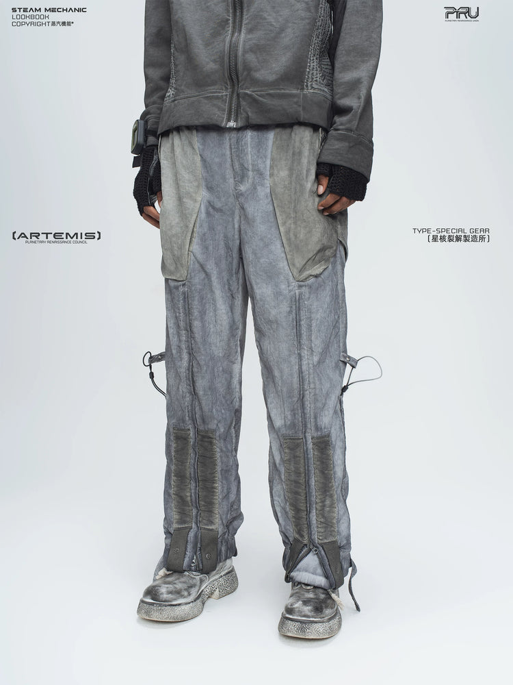 STARCORE moon dust gray engineer utility pants — side modeled view