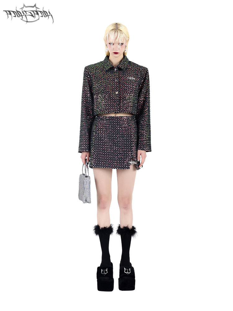 PINKSPINK SPARK sequined jacket and mini skirt set — black sequined set, full-length front modeled view