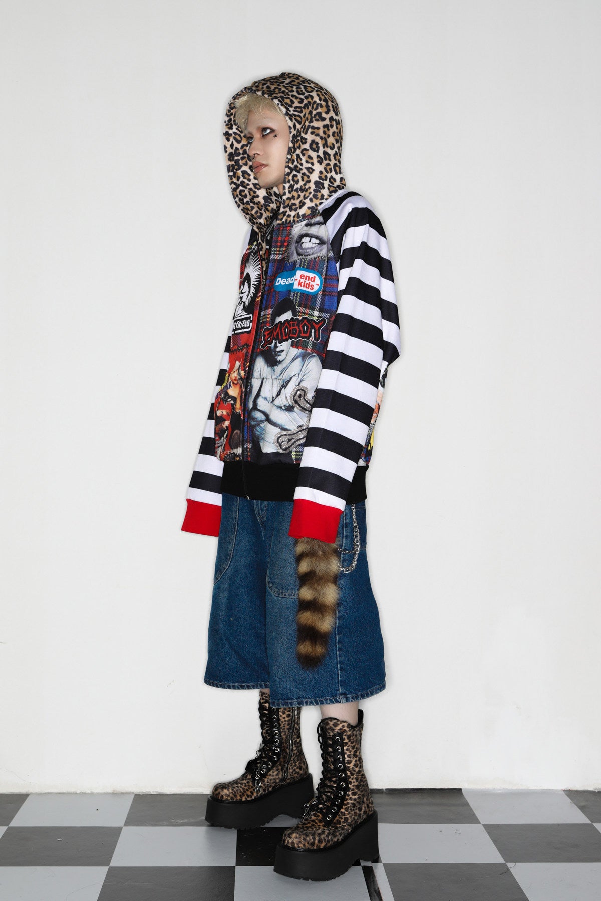 DEADENDKIDS PUNK COLLAGE fleece zip hoodie — alternate modeled angle