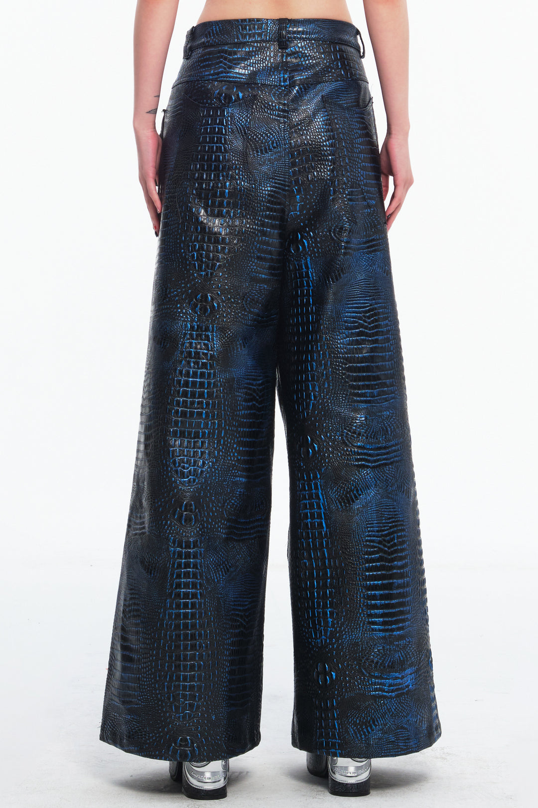 EMBRYO CLAW ARMOR crocodile-effect wide-leg pants — garment-only construction view