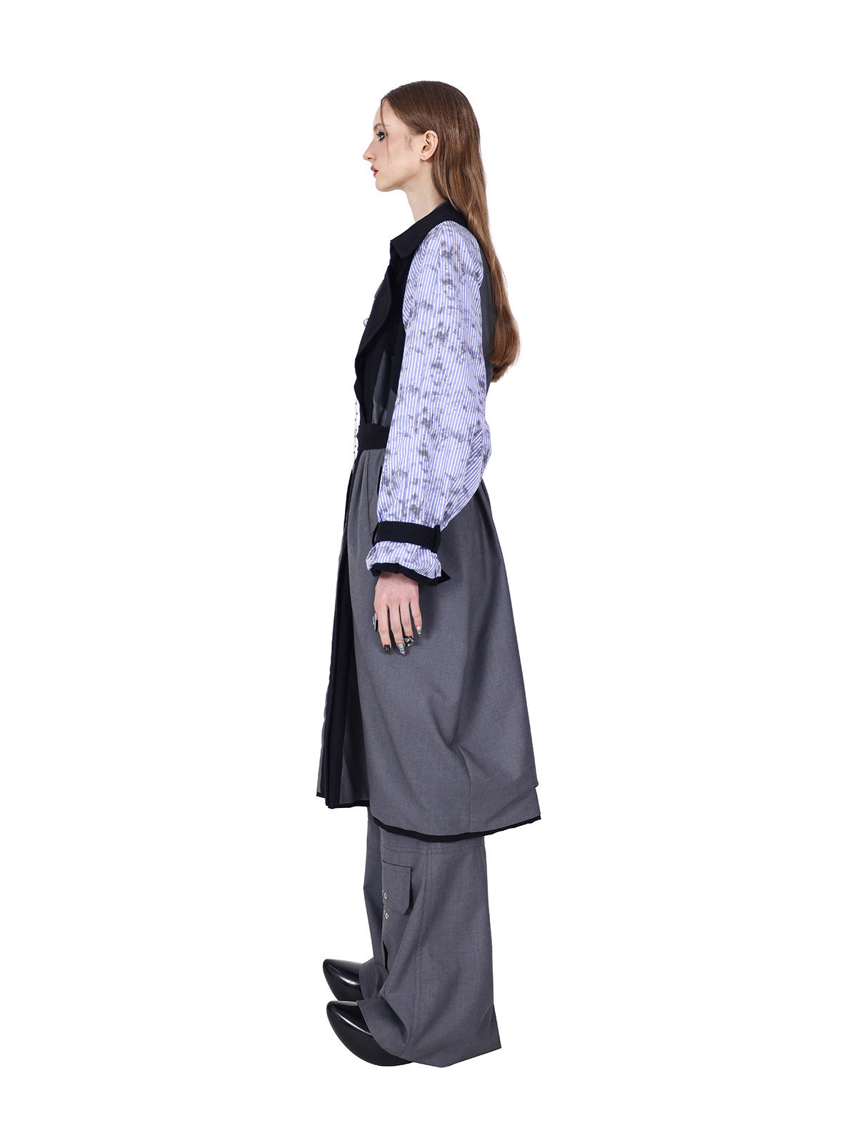 PINKSPINK ELECTRIC MOON reversible patchwork trench coat in black and gray — full-length side view of the belted reverse