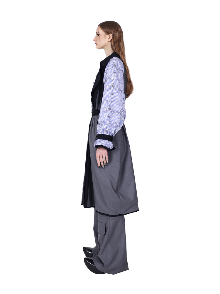 PINKSPINK ELECTRIC MOON reversible patchwork trench coat in black and gray — full-length side view of the belted reverse