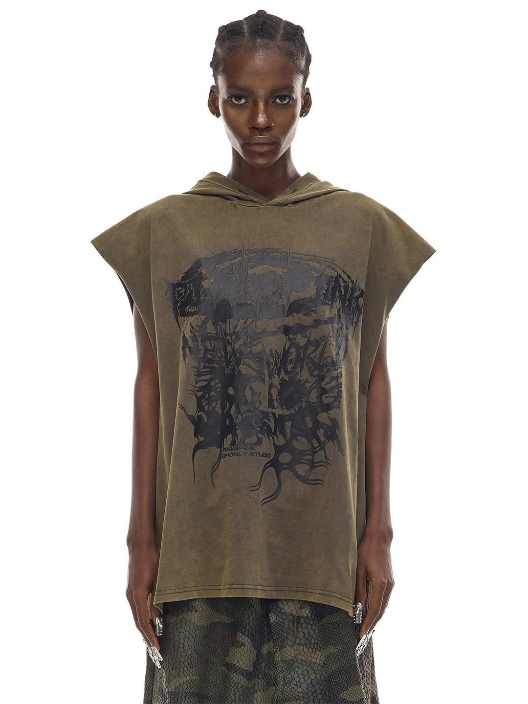 PINKSPINK COSMOS washed sleeveless hooded tee in olive green — front graphic close-up corresponding to the hero collage