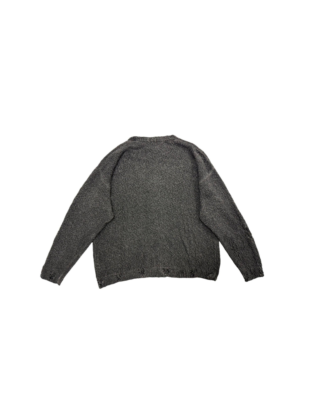 PIONEER moon dust gray moon-protection distressed sweater — back flat-lay view showing the dropped shoulders and distressed ribbed hem