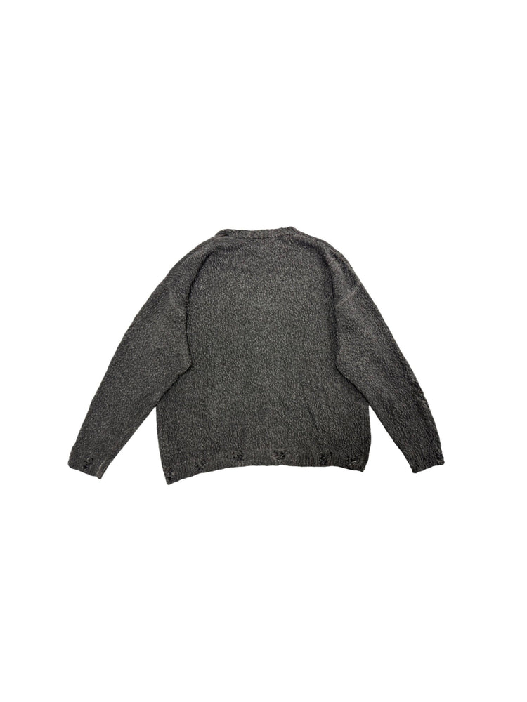 PIONEER moon dust gray moon-protection distressed sweater — back flat-lay view showing the dropped shoulders and distressed ribbed hem