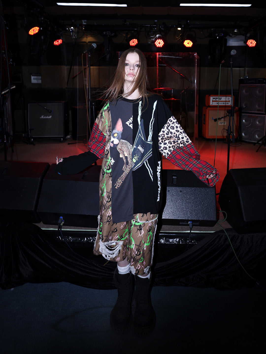 PINKSPINK ELECTRIC MOON distressed camo cropped trousers in CAMOUFLAGE — full front with arms extended.