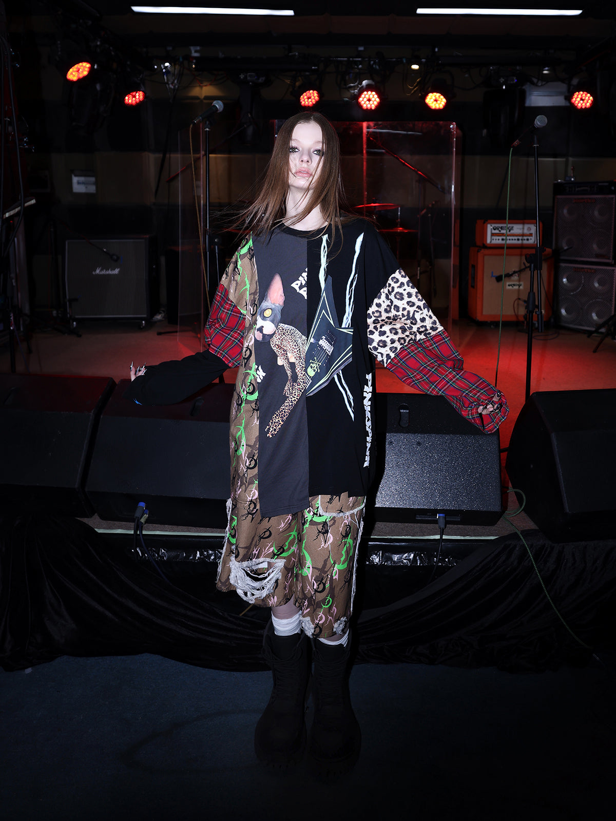 PINKSPINK ELECTRIC MOON distressed camo cropped trousers in CAMOUFLAGE — full front with arms extended.