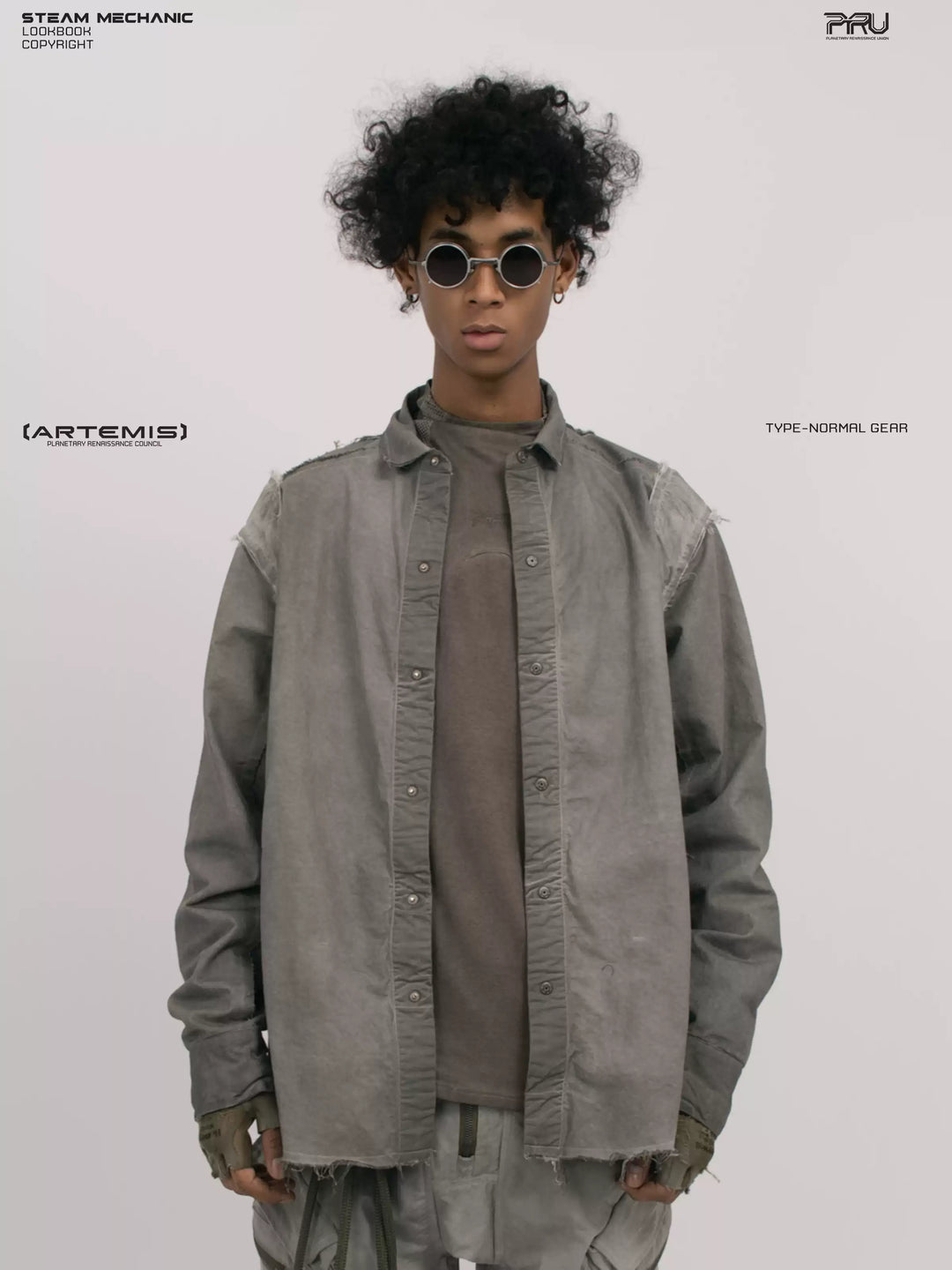 CHAOS ERA moon dust gray raw-edge technical shirt — front three-quarter modeled view with open shirt