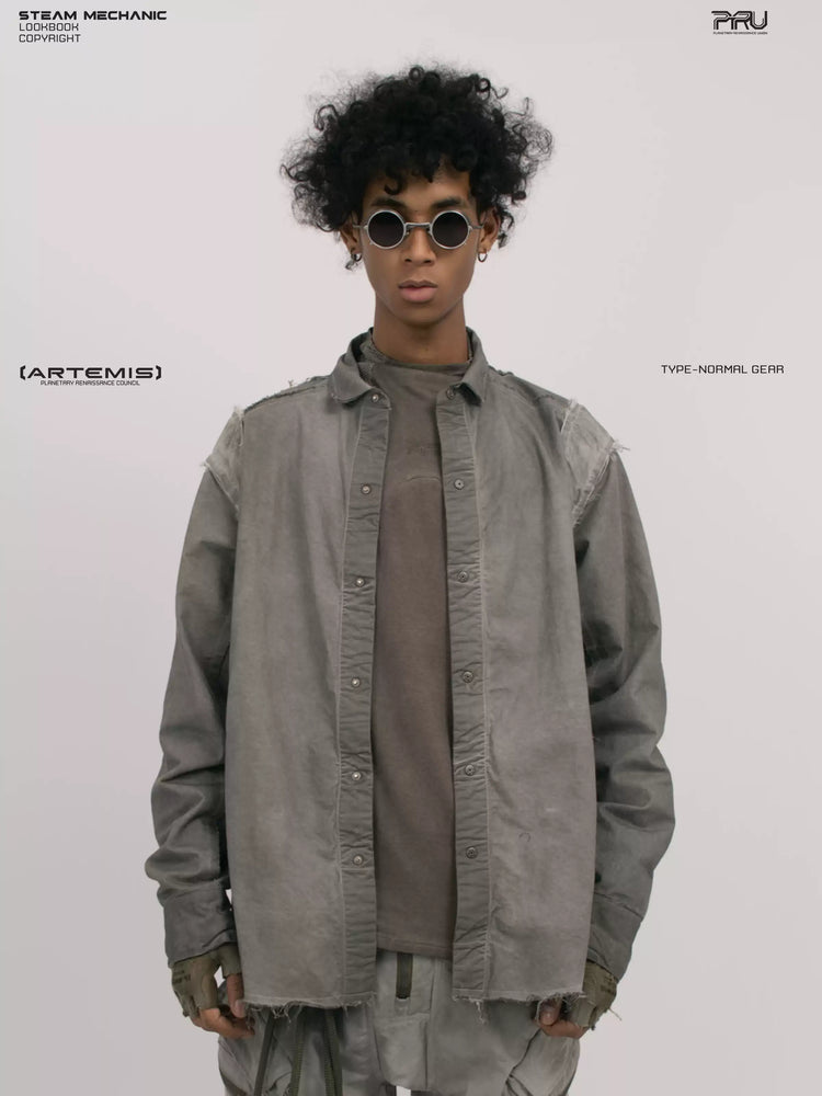CHAOS ERA moon dust gray raw-edge technical shirt — front three-quarter modeled view with open shirt
