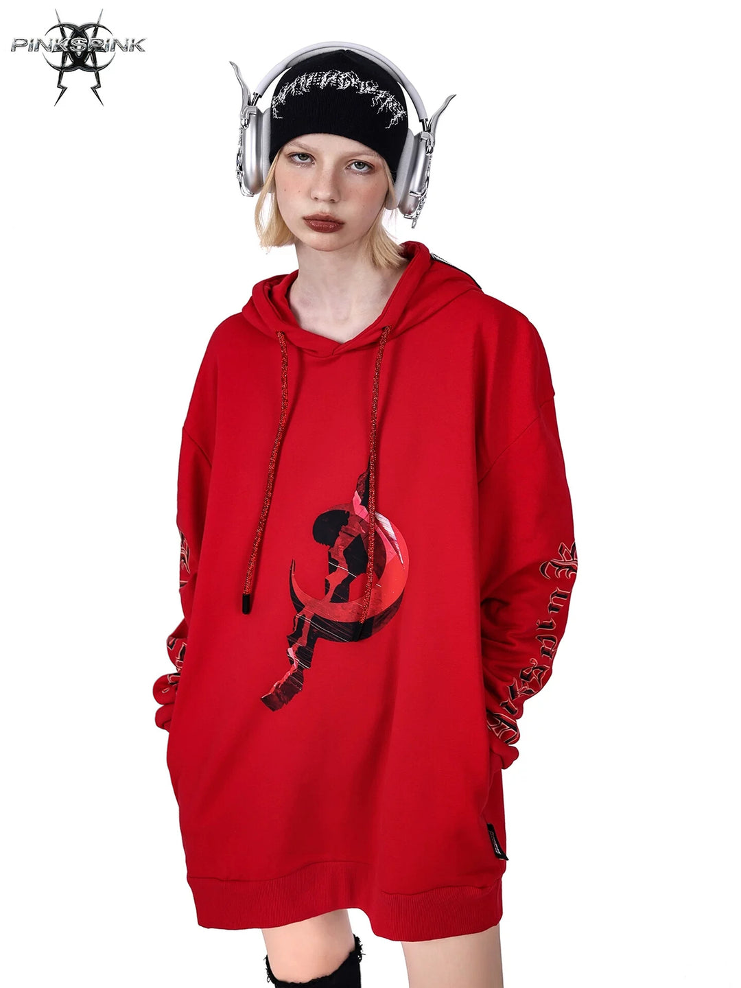 PINKSPINK MIRROR rhinestone-drawcord oversized hoodie — front modeled view in red showing the mirrored moon graphic and jeweled drawcords