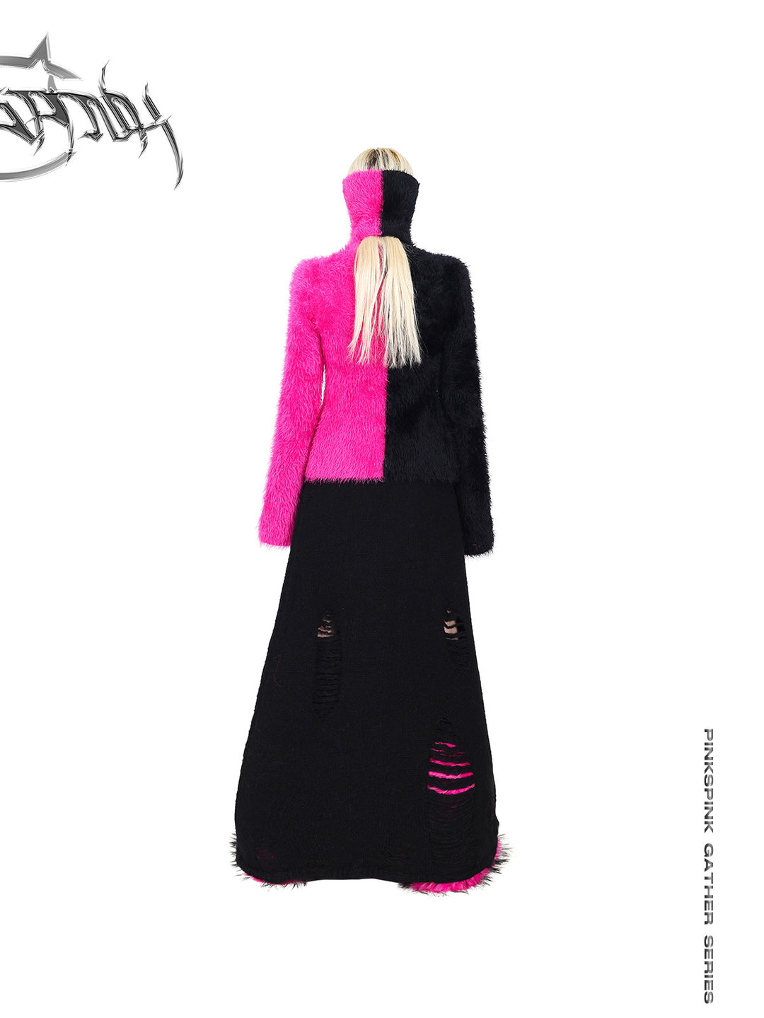 PINKSPINK ELECTRIC MOON split-color balaclava zip sweater — back modeled view with the balaclava collar raised and hair opening visible