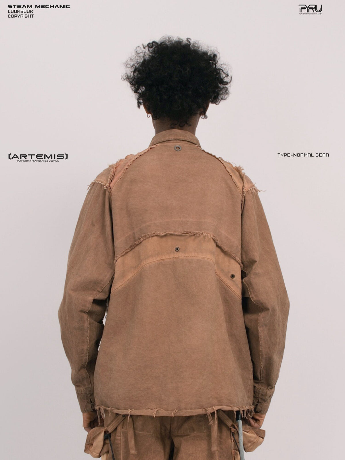 CHAOS ERA raw-edge technical shirt in soft dawn orange — back modeled close-up showing curved seams and three metal eyelets
