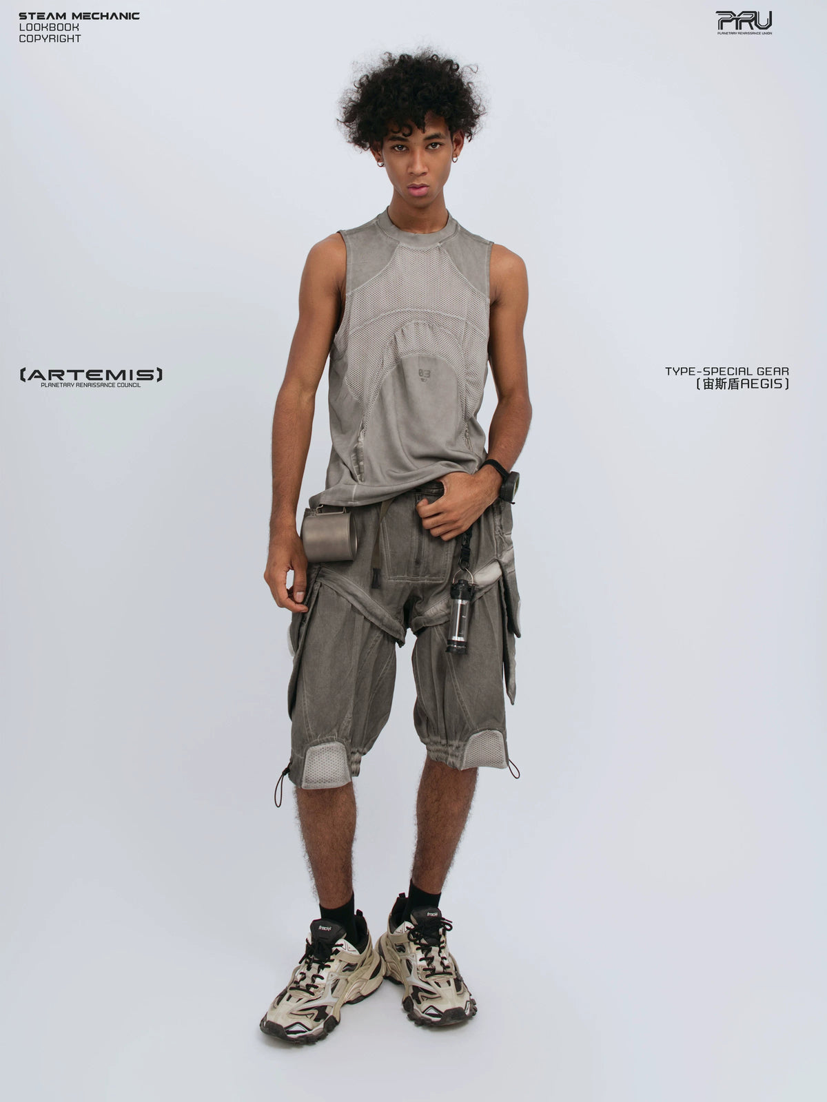 AEGIS lunar sea gray distressed mesh tank — alternate modeled angle
